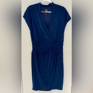 Suzi Chin for Maggy Boutique Navy Blue Women's V-Neck Ruched A-Line Dress